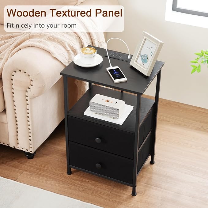 Night Stand Set 2, Black Nightstand with Charging Station, End Tables with Storage Shelf for Small Spaces, Bedside Table Side Tables with 2 Fabric Drawers for Bedroom, HETS020BK