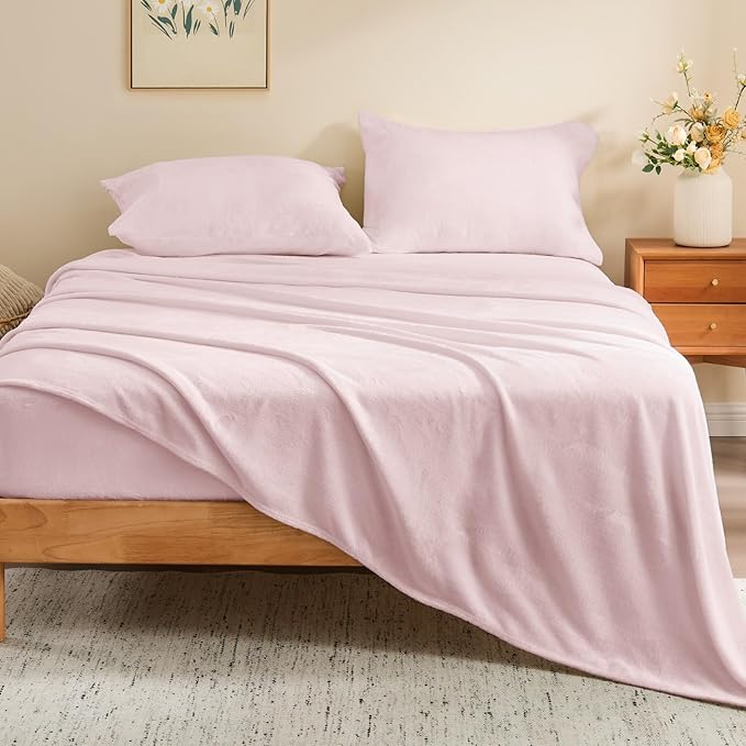BEDELITE Flannel Sheets Queen Size Pink - Super Soft Fleece Sheets Set Fluffy Extra Plush, 4 Piece(Include Fitted Sheet, Flat Sheet, 2 Pillowcases)