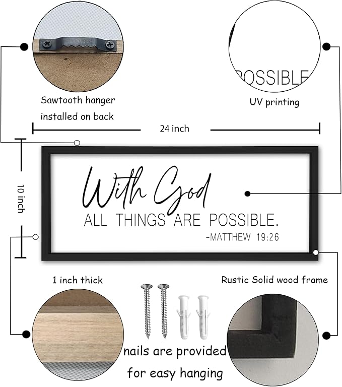 flowtorely With God All Things Are Possible Wall Decor Scripture 24"×10" Matthew 19:26 Bible Verse sign Christian Large Wood Framed Wall Hanging (Black)