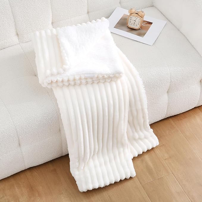 Cream White Sherpa Fleece Throw Blanket 50”×60” for Couch Sofa Bed, Double Side Soft Fuzzy Cozy Plush Thick Flannel Blanket with Striped Design Gift for Adults,Woman,Girls