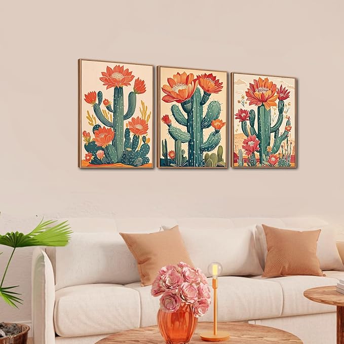 CHDITB Desert Cactus Framed Canvas Wall Art, Southwest Saguaro Wall Decor, Nature Plant Succulent Wall Painting, Tropical Botanical Flower Art Prints for Bathroom Living Room Bedroom Decor -12”x16”x3