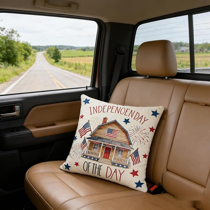 Independence Day 2pcs Throw Pillow Covers, Patriotic 4th of July American Flag House Fireworks Stars Design, Red White and Blue Cushion Cases，18x18 Pillows Linen Pillowcase
