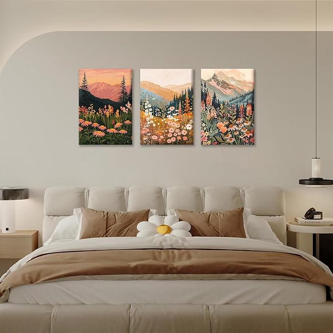 KBKBART Boho Mountain Framed Canvas Wall Art Set of 3, Colorful Landscape Wildflower Daisy Wall Decor, Bohemian Floral Forest Scenery Art Prints for Bedroom Living Room Office 12x16 Inch