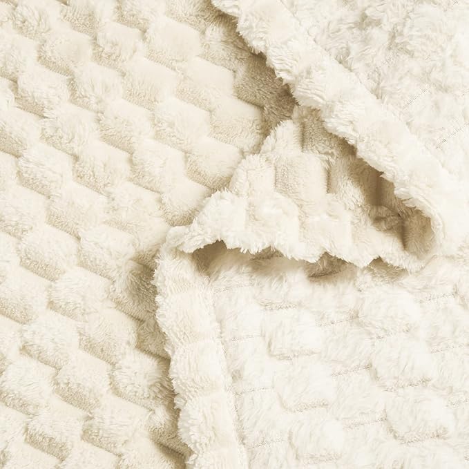 Vessia Flannel Fleece King Size Bed Blanket(108x90 inch), 3D Jacquard Cream Fuzzy and Warm Blanket for Adults, 300GSM Super Soft Touch Cozy Lightweight Ivory Home Decor for All-Season
