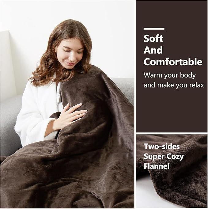 Tefici Electric Heated Blanket Throw, Super Cozy Soft 2-Layer Flannel 50" x 60" Heated Throw with 3 Heating Levels & 4 Hours Auto Off, Machine Washable, ETL&FCC Certified, Home Office Use,Brown