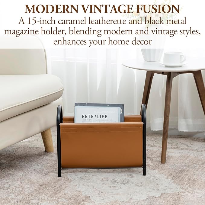 MyGift 15 Inch Modern Caramel Leatherette and Black Metal Magazine Holder with Round Handles, Floor Standing Faux Leather Book Storage Newspaper Rack, Home Bathroom Decor