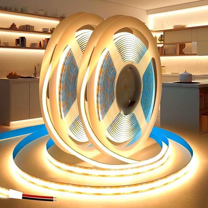 COB LED Strip Lights 16.4ft/5m 2pcs, 12V LED Light Strip, Warm White 3000K Under Cabinet Lighting, Super Bright Flexible Tape Lights for Bedroom,Mirror,Kitchen,Living Room(Power Supply Not Included)