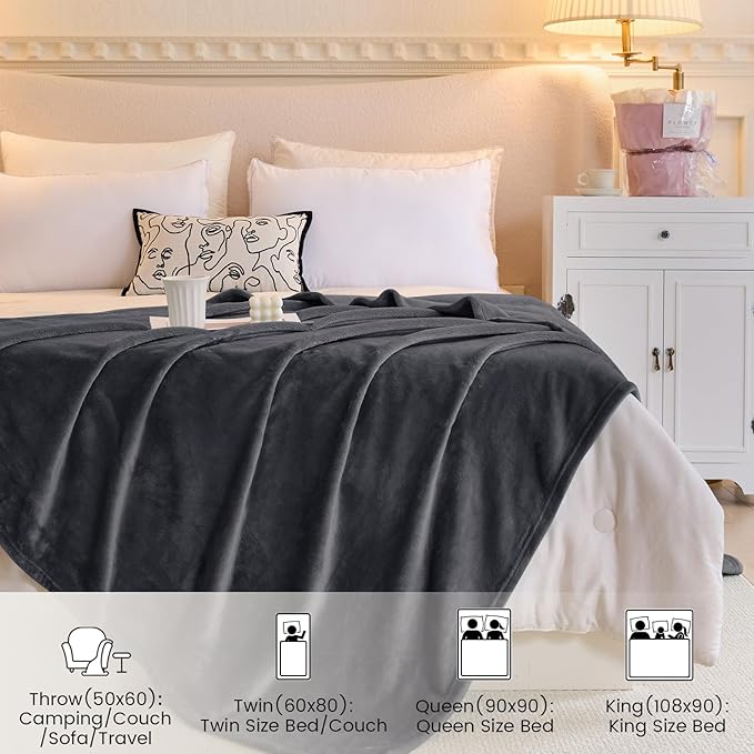 Fleece Blanket Queen Size, Silky Flannel Fuzzy Blankets for All Season, Cozy Lightweight Blanket for Couch, Bed, Sofa, 90" x 90", Gray, Queen