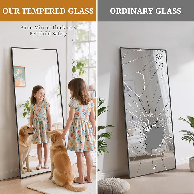 Full Length Mirror 56"x21" Full Body Mirror Rectangle Free Standing Wall Mounted Leaning Floor Mirrors with Stand Aluminum Alloy Frame for Bedroom Cloakroom, Black