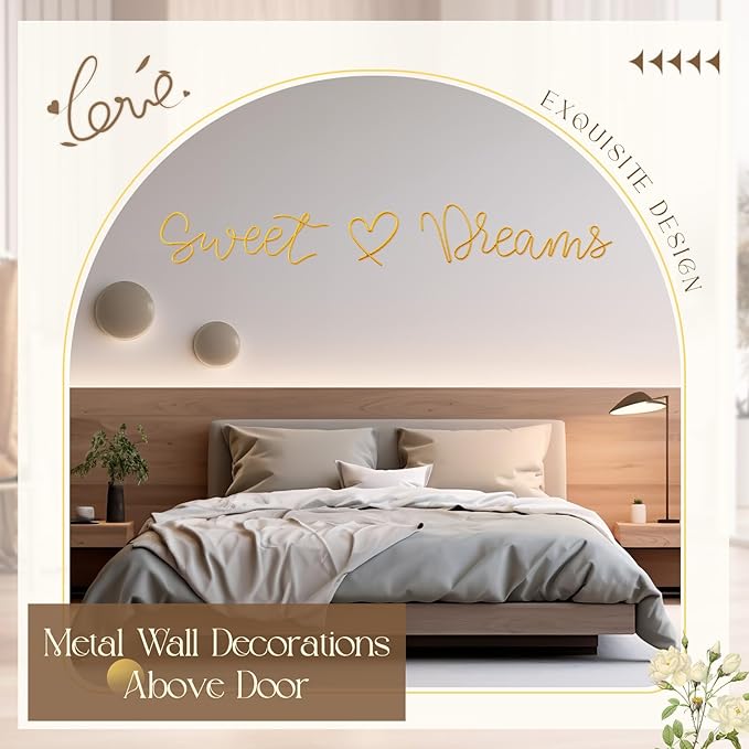 Yousoontic Sweet Dreams Wall Decor Above Bed Minimalist Metal Bedroom Wall Art Modern Sweet Dreams Decorative Metal Sign for Home Bedroom Hotel Dormitory Door Decorations, 29.15'' Total Length (Gold)
