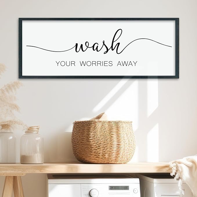 LuZhiQiang Laundry Room Wash Your Worries Away Wall Decor 40"×15" Inspirational Quote Sign for Bathroom Relaxation Room Rustic Farmhouse Large Wooden Framed Wall Hanging Art (Black)