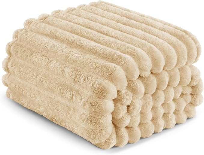 Exclusivo Mezcla Twin Size Flannel Fleece Blanket, Super Soft Striped Jacquard Bed Blanket, Lightweight Fuzzy Cozy for All Seasons, 60x80 Inches, Beige