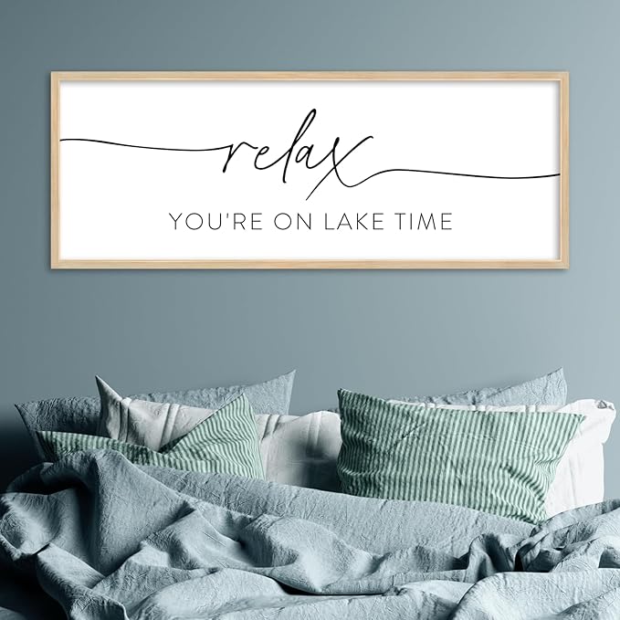 SRSZHIYUE Relax You're On Lake Time Wall Decor Above Bed Sign 32"×12" for Lake House Bedroom Over Bed Large Vintage Wood Framed Farmhouse Lake Lover Home Hanging Art (Wood)