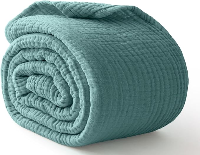 100% Cotton Muslin Blanket King 108" x 90", 6 Layers Breathable and Lightweight Cotton Throw Blanket for Bed, Soft Quilt Bedspread Coverlet, Gauze Blanket for Adults All Season, Teal