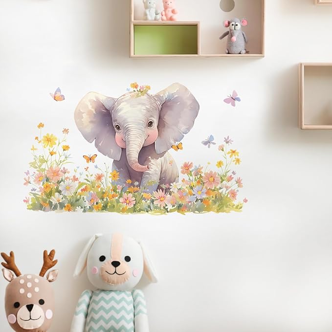 Baby Elephant Floral Wall Decals Removable African Animal Vinyl Stickers for Nursery Kids Bedroom and Playroom Decor Peel and Stick Watercolor Wall Art