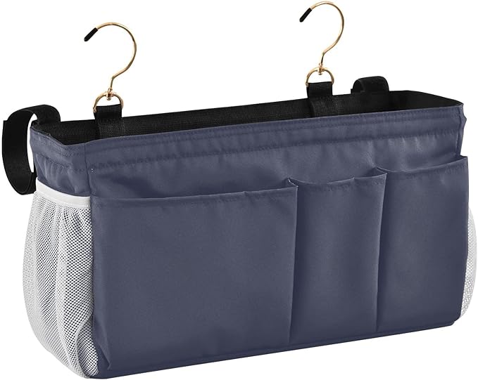 DOMIKING Navy Blue Bedside Caddy for Dorm Bed Recliner Armrest Organizer with Hooks Haning Storage Bag for Bunk Bed Rails Headboards