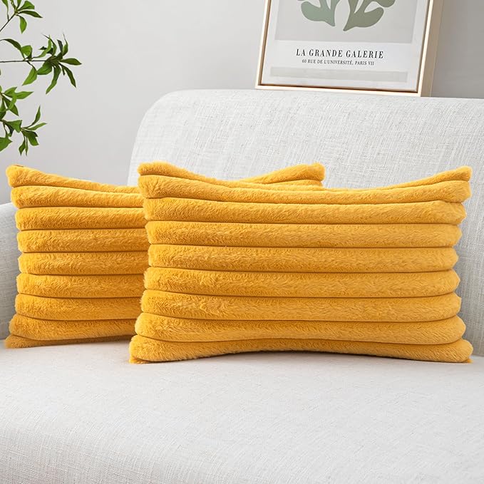 MIULEE Faux Fur Lumbar Decorative Throw Pillow Covers 12x20 Inch Set of 2, Retro Vintage Boho Spring Home Decor Soft Plush Couch Pillows Cozy Fluffy Cushion Covers for Sofa Bed Mustard Yellow