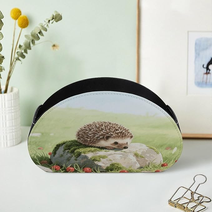 Cute Hedgehog Remote Control Holder Organizer Box with 5 Compartment PU Leather Bedside Storage Caddy Remote Organizer for Controller Media Player Pen/Pencil Storage