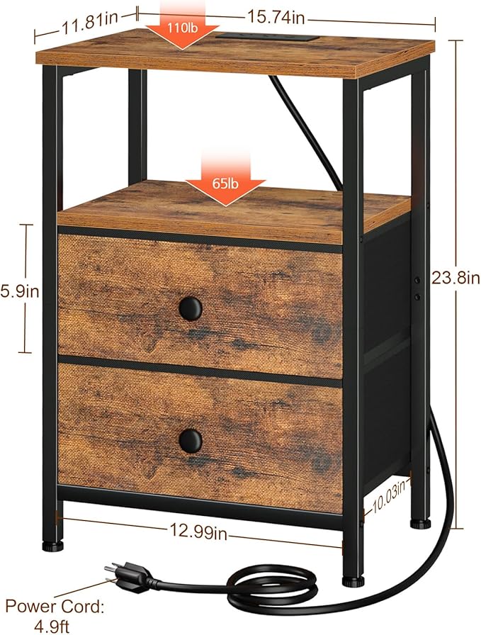 Night Stand with Charging Station, Small Bedside Table with 2 Fabric Drawers, Nightstand with USB Ports & Outlets for Bedroom, Living Room, Brown, HETS020BR-1