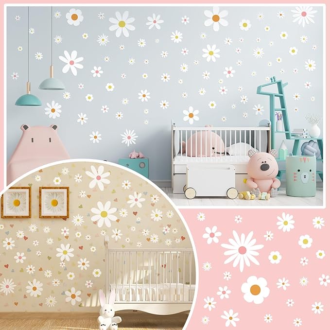 Kisston 90 Pcs Daisy Wall Decal Alphabet Vinyl Wall Decals Boho Decal Daisy Stickers Boho Groovy Floral Stickers for Nursery Art Bedroom Classroom(White)