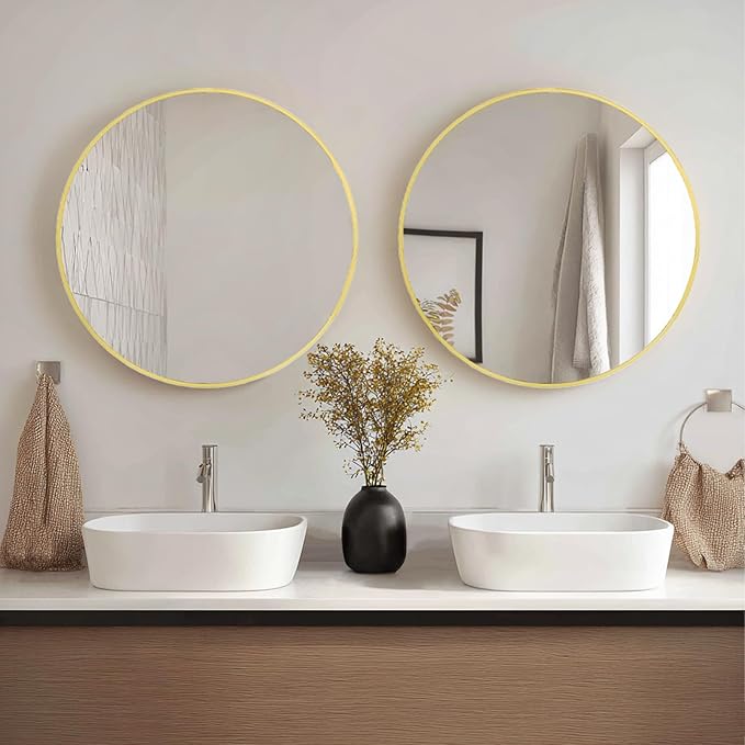 Gold Round Mirror 24 inch, 2 Pack Gold Circle Mirror, Round Bathroom Mirrors Metal Frame for Bathroom, Bedroom, Living Room, Hallway.