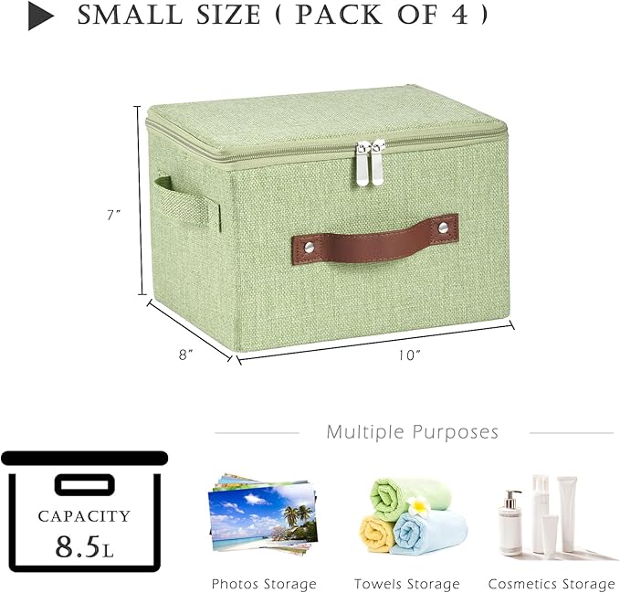 4 Pack Storage Bins with Zipper Lid Cotton Linen Fabric Lidded Storage Baskets Boxes Foldable Washable Closet Shelf Clothes Organizer Container with PU Leather Handles (Green, Small)