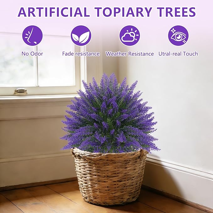 Artificial Lavender Topiary Ball, Set of 2 Artificial Boxwood Shrub Bushes with Ground Spike, Fake Evergreen Tree for Porch, Artificial Plants for Outdoor Planters Indoor UV Resistant
