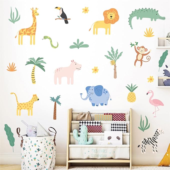 Animals Wall Decals - 4 Sheeets 26 Pcs Cute Jungle Theme Wall Decor Peel and Stick Elephant Giraffe Lion Safari Wall Stickers for Kids Nursery Playroom Bedroom Living Room Décor