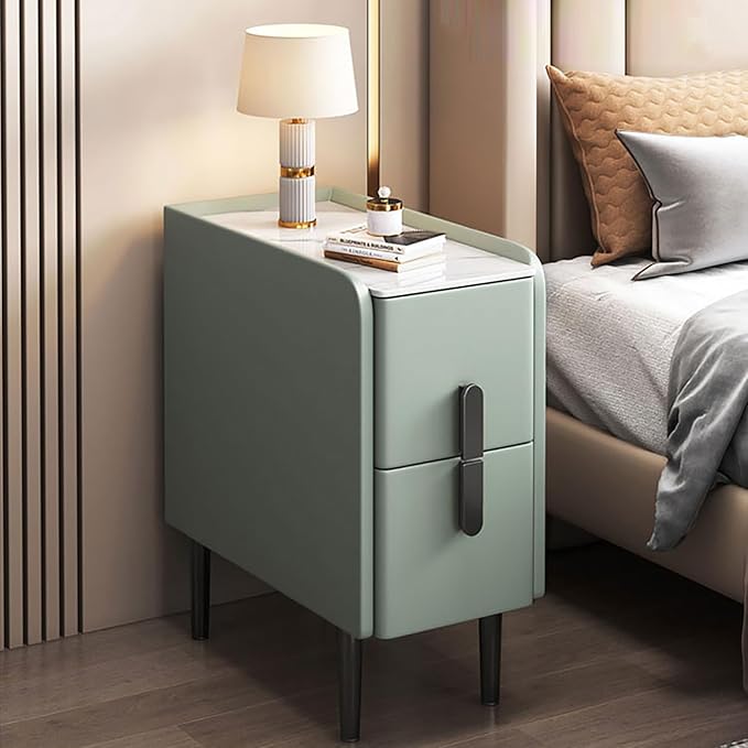 Modern Pu Leather Nightstand with Marble Tabletop, Narrow Bedside Table Luxury Side End Table with 2 Drawers & Metal Legs, Storage Cabinet for Bedrooms(30x40x50cm(12x16x20inch), Green)