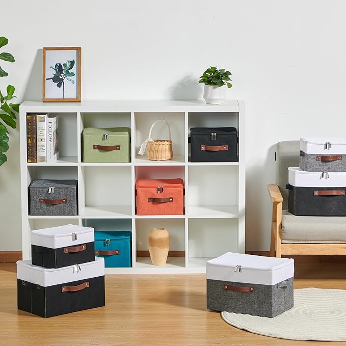 2 Pack Storage Boxes with Zipper Lid Cotton Linen Fabric Lidded Storage Bins Baskets Foldable Washable Closet Shelf Clothes Organizer Container Faux Leather Handles (Gray White, Small)