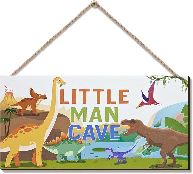 ZIEYOMI- Little Man Cave Sign Boys Room Decor, Dinosaur Theme Bedroom Decor Hanging Wall Art, Wooden Plaque Decorations for Nursery Boys Kids Toddler Playroom Living Room