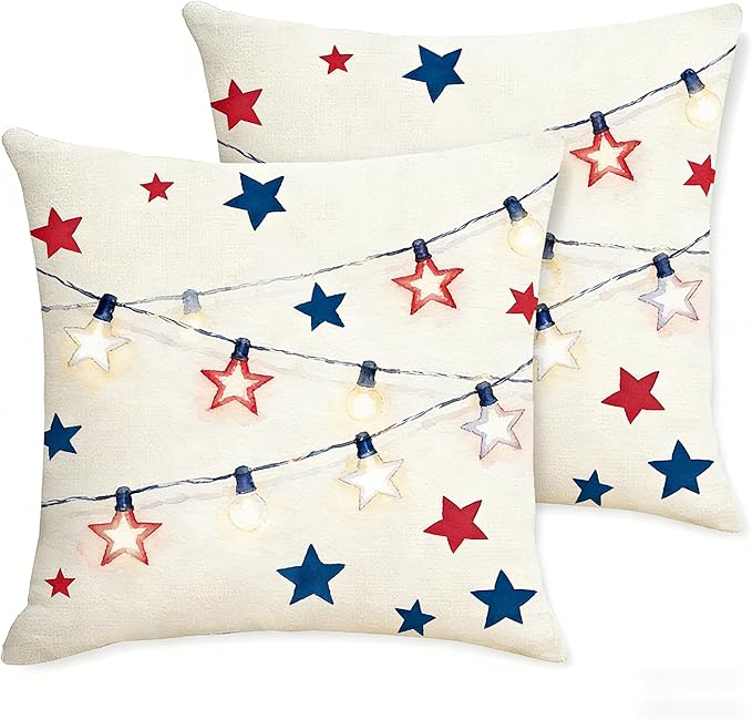 4th of July Throw Pillow Covers, Independence Day Star Design, Linen, 18x18 Inch, Set of 2, Farmhouse Style