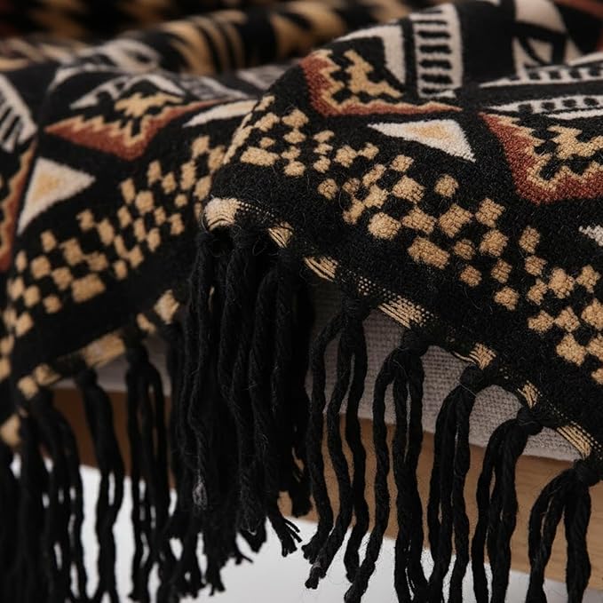CASAAGUSTO Boho Throw Blanket - Brown Black Decorative Blankets with Tassel, Printed Flannel Bohemian Blanket for Chair, Bed, Sofa, Couch(60 * 80, Brown Black)