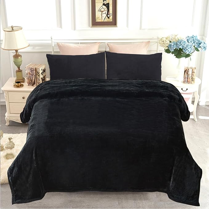 JYK Fleece Plush Blanket - 3.5 LB, 1 Ply Lightweight Korean Style Mink Blanket, Queen 79" x 91" - Super Soft, Warm & Cozy, Microfiber Bed Blanket for All Seasons, Black