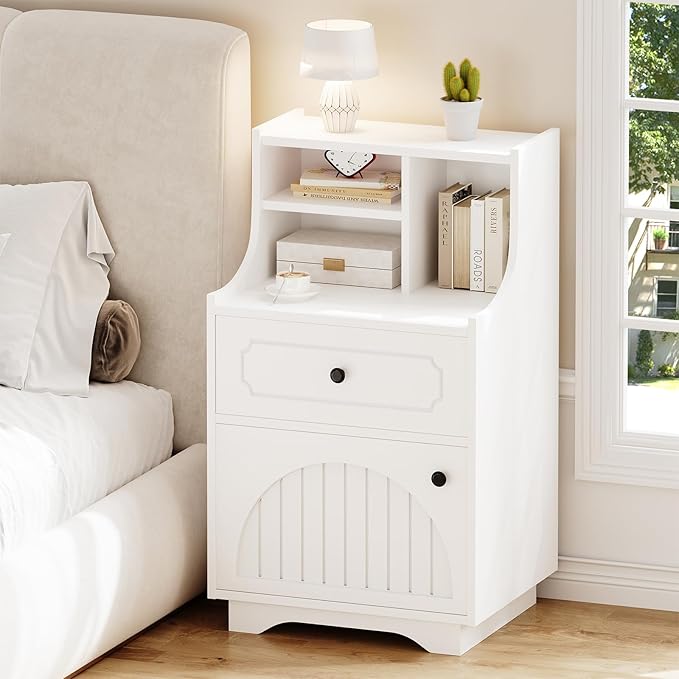 4ever2buy Modern Farmhouse Nightstand with Storage Hutch Engineered Wood Bedside Table with Drawer 30.31 inch Tall Night Stand End Table for Bedroom White