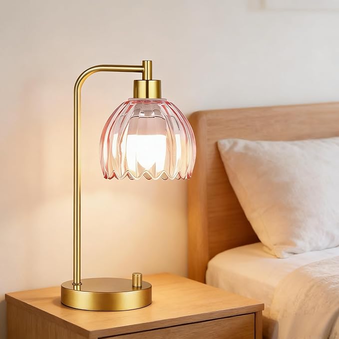 Pink Table Lamp Set of 2,Small Gold Bedside Lamps Dimmable Boho Bedroom Lamp with Tulip Flower Glass Lamp Shade,Vintage Mid Century Modern Mini Nightstand Lamp for Kids Bedroom Living Room