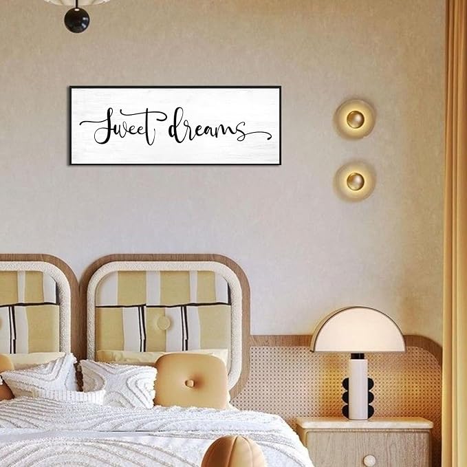 Sweet Dreams Wall Decor Above Bed: 40x15 Inch Framed Canvas Bedroom Wall Art, Farmhouse Bedroom Sign Rustic Hanging Plaque for Master/Guest Room Modern Home Decor