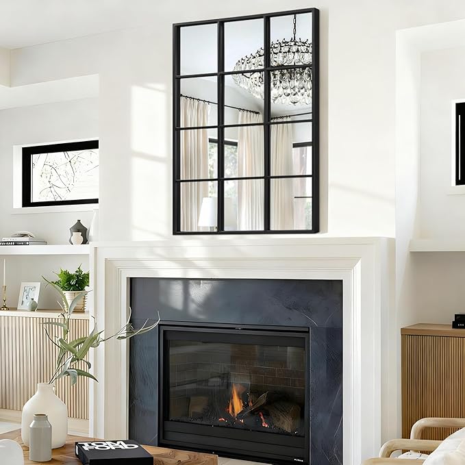 Large Black Rectangle Mirror, Metal Framed Wall Mounted Mirror Modern Artistic Decorative Mirrors for Living Room Bedroom Entryway, 24x35 Inch Decor