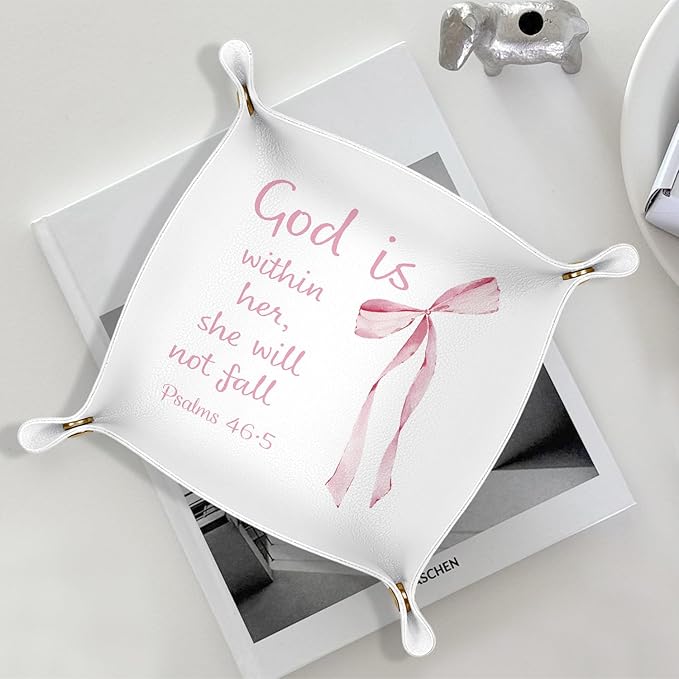 Christian Gifts Jewelry Valet Tray for Women, Coquette Pink Bow Bible Verse PU Leather Catchall Beside Caddy Nightstand Organizer Tray for Jewelry Rings Watches and Accessories, 7.87x7.87in