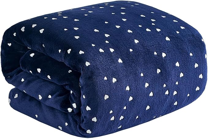 NANPIPER Fleece Blanket Heart Foil Print, Queen Size Soft Thick Microfiber, All Season Warm Lightweight Throw for Couch/Bed, 90"x90" Navy Blue
