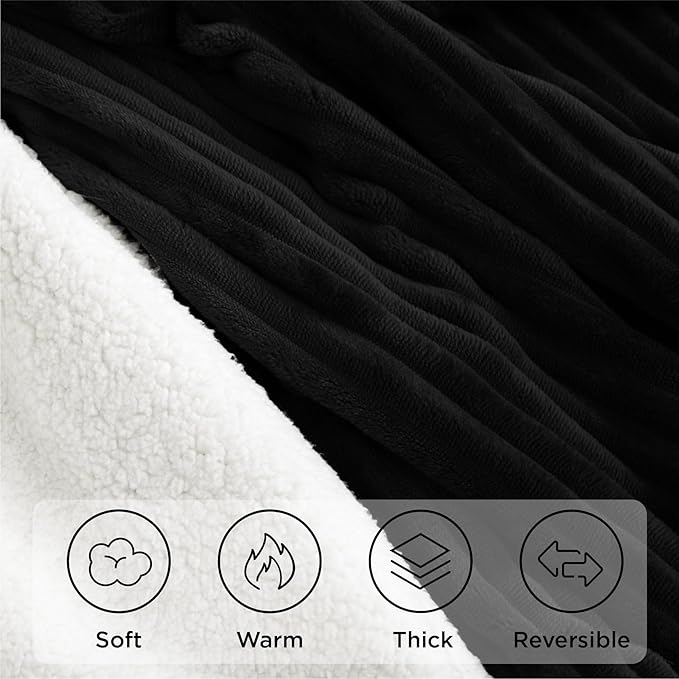 Sherpa Twin Blanket - Soft Cozy Fleece, Warm for Winter, Reversible for Sofa, Black, 60 x 80 Inches