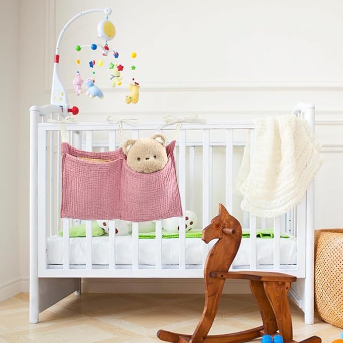 Cinaci 2pcs Cotton Pram Stroller Caddy Baby Crib Hanging Organizers Storage Pockets Nappy Diaper Bags Bedside Pockets for Milk Bottle/Soothing Toys/Wipes (Pink Set)