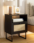 Rattan Nightstand, Mid Century Modern Night Stand,Boho Farmhouse Wood Bedside Table with Storage and Open Shelf, End Side Accent Table for Bedroom,Living Room,Black