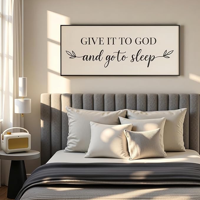 Give It to God and Go to Sleep Banner – 40x20in Linen Wall Hanging Sign for Bedroom, Living Room, or Prayer Space – Rustic Beige Christian Wall Decor, Farmhouse Above Bed Art, Inspirational Scripture Quote Sign