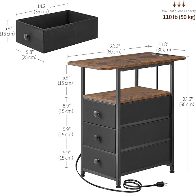 Narrow End Table with Charging Station, Narrow Side Table with 3 Fabric Drawers, Slim Nightstand with LED Light, Small Table with Storage, Living Room, Bedroom, Rustic Brown HKET1303BR