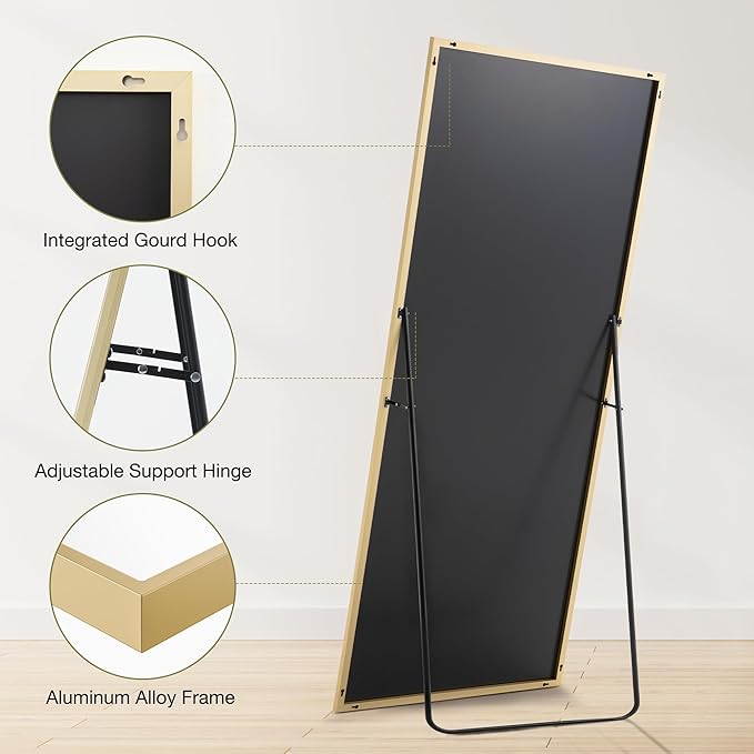 DUMOS Full Length Mirror 26"x 68.1" for Bedroom, Full Body Mirror with Stand, Hanging or Leaning for Wall, Aluminum Alloy Thin Frame Floor Standing for Living Room, Long, Gold