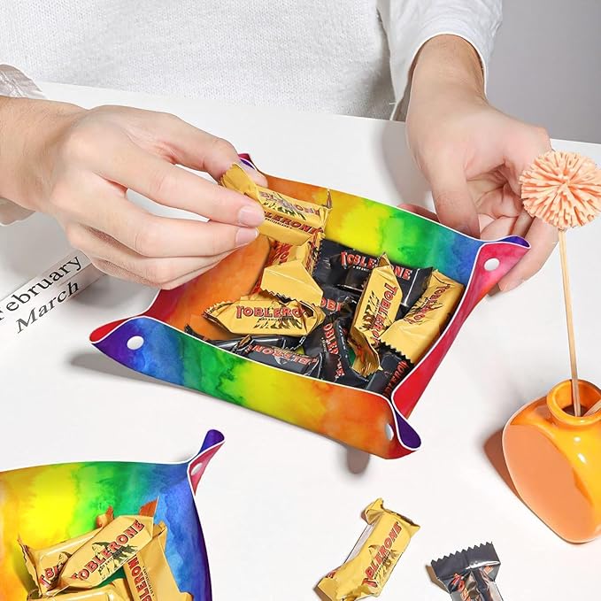 Rainbow Wash Leather Vanity Tray Desktop Storage Organizer, Decorative Catchall Perfume Tray, Bathroom Valet Tray,Nightstand Caddy Holder for Keys Phone Wallet Coin Jewelry, S