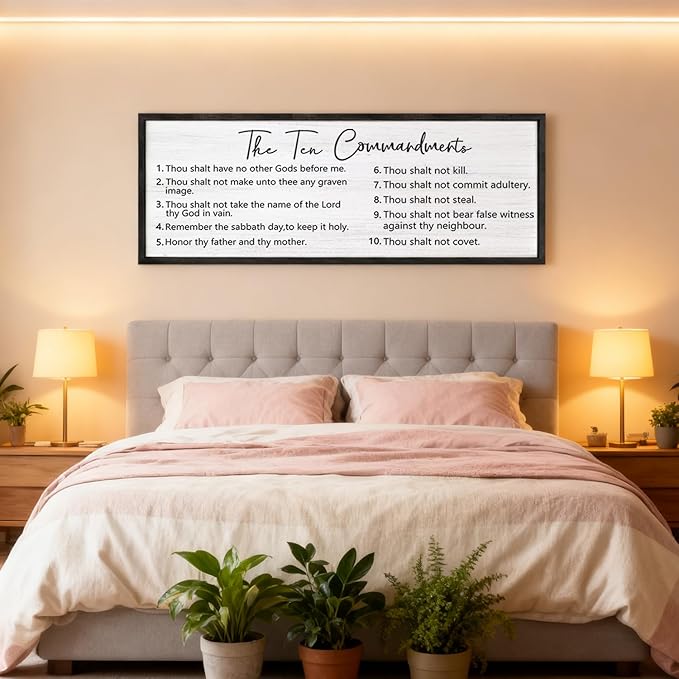 The Ten Commandments Rustic Bible Verse Framed Wall Art, 40''×15'' Positive Religious Christian Saying Sign for God Jesus Christ Prayer, Vintage Horizontal Holy Inspirational Catholic Scripture Decor