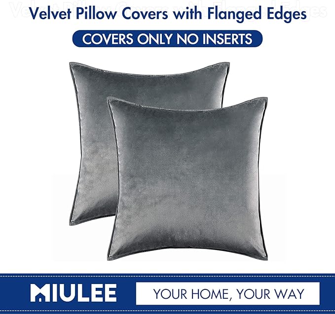MIULEE Dark Grey Velvet Throw Pillow Covers 26x26 Soft Decorative Solid Square Euro Sham Cushion Cases Pack of 2 Modern Luxury Home Decor for Couch, Sofa, Bedroom