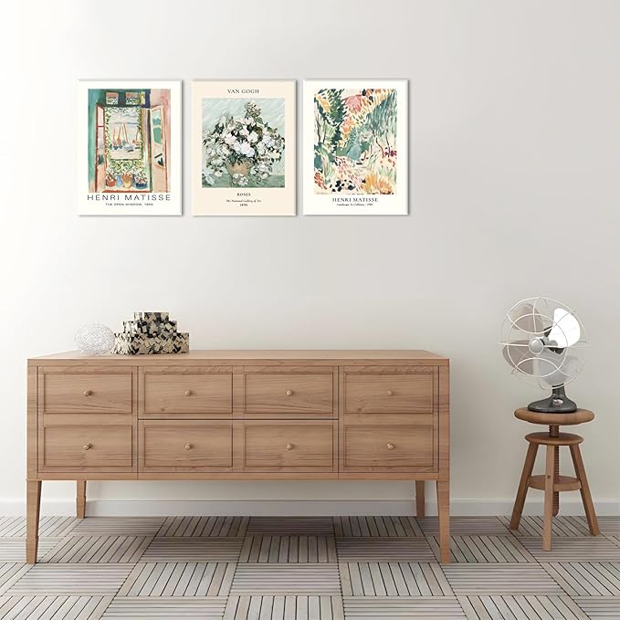 Sage Green Matisse Canvas Wall Art Set of 3 - Van Gogh Floral Pictures Wall Decor, Vintage Artwork Aesthetic Paintings Prints for Living Room Bedroom Bathroom 16x24 inch Framed